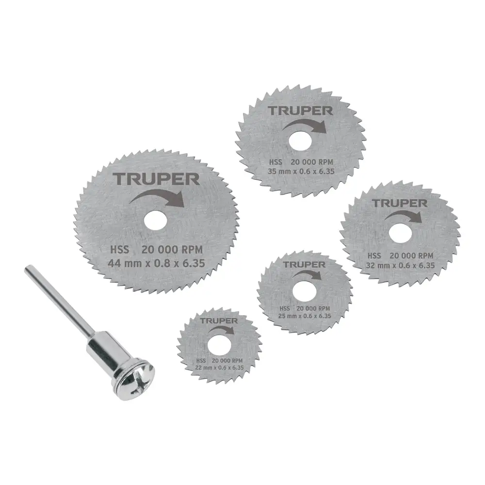 juego de 5 mini discos metalicos con adaptador para herramientas rotativas mototool corta madera, plastico y metal delgado como lamina, aluminio y cobre