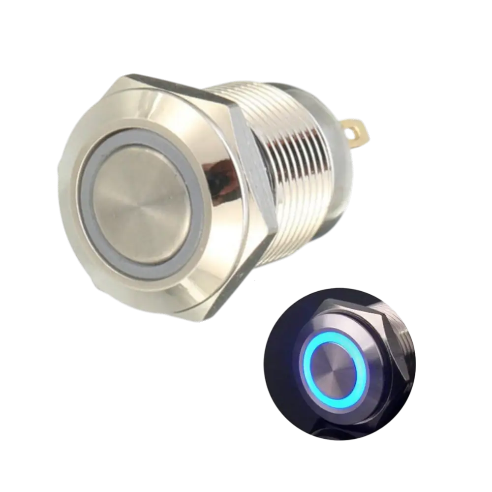 Mini Switch Pulsador Normalmente Abierto Metalico Con Foco Piloto Azul 12-24v 2a 4 Pines
