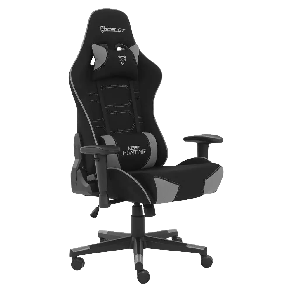 Silla Gamer De Tela Ocelot Negro Y Gris Con Base Reforzada De Nylon Descansa Brazos Ajustables y Angulo De Inclinacion 155 Grados, Soporta Hasta 150kg, Cojin Para Lumbar Y Cervical