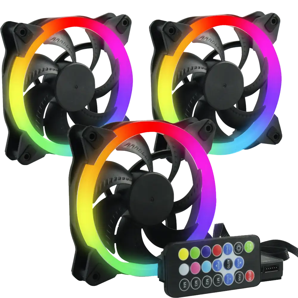 KIT 3 VENTILADORES OCELOT   PARA GABINETES  GAMER  120MM  RGB  HUB PARA CONECTAR HASTA 10 VENTILADORES RGB CONTROL REMOTO PARA AJUSTE DE COLORES, VELOCIDAD Y PATRON DE ILUMINACION