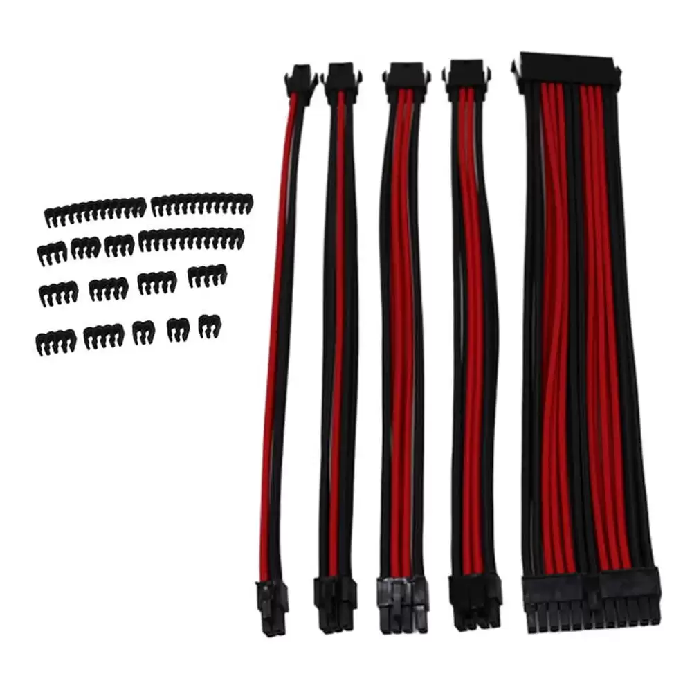 KIT CABLE TRENZADO DE EXTENSION 24PIN ATX, CABLE 4+4, CABLE 8 PIN Y CABLE 6 PIN COLOR ROJO Y NEGRO