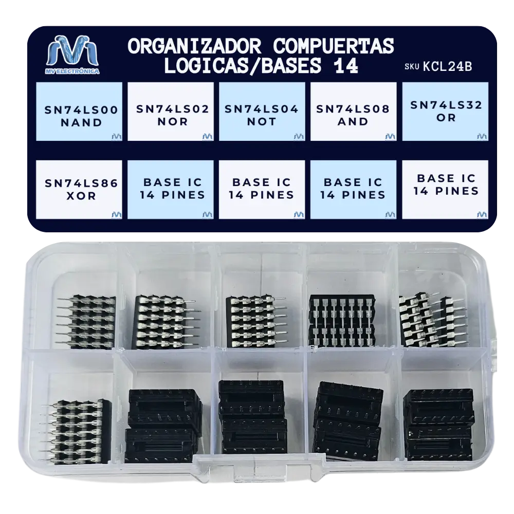 Organizador Con 24pzas Compuertas Logicas 7400/7402/7404/7408/7432/7486 Con Bases Ic 14 Pines