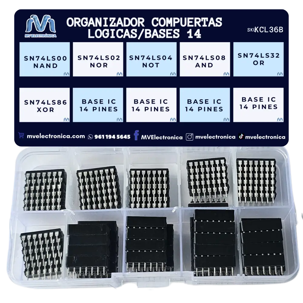 Organizador Con 36pzas Compuertas Logicas 7400/7402/7404/7408/7432/7486 Con Bases Ic 14 Pines