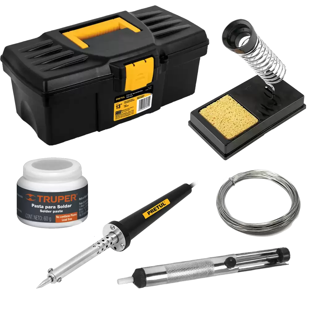 CAJA DE HERRAMIENTAS CON CAUTIN, DESOLDADOR, SOPORTE CON PASTA Y ESTAÑO TRUPER