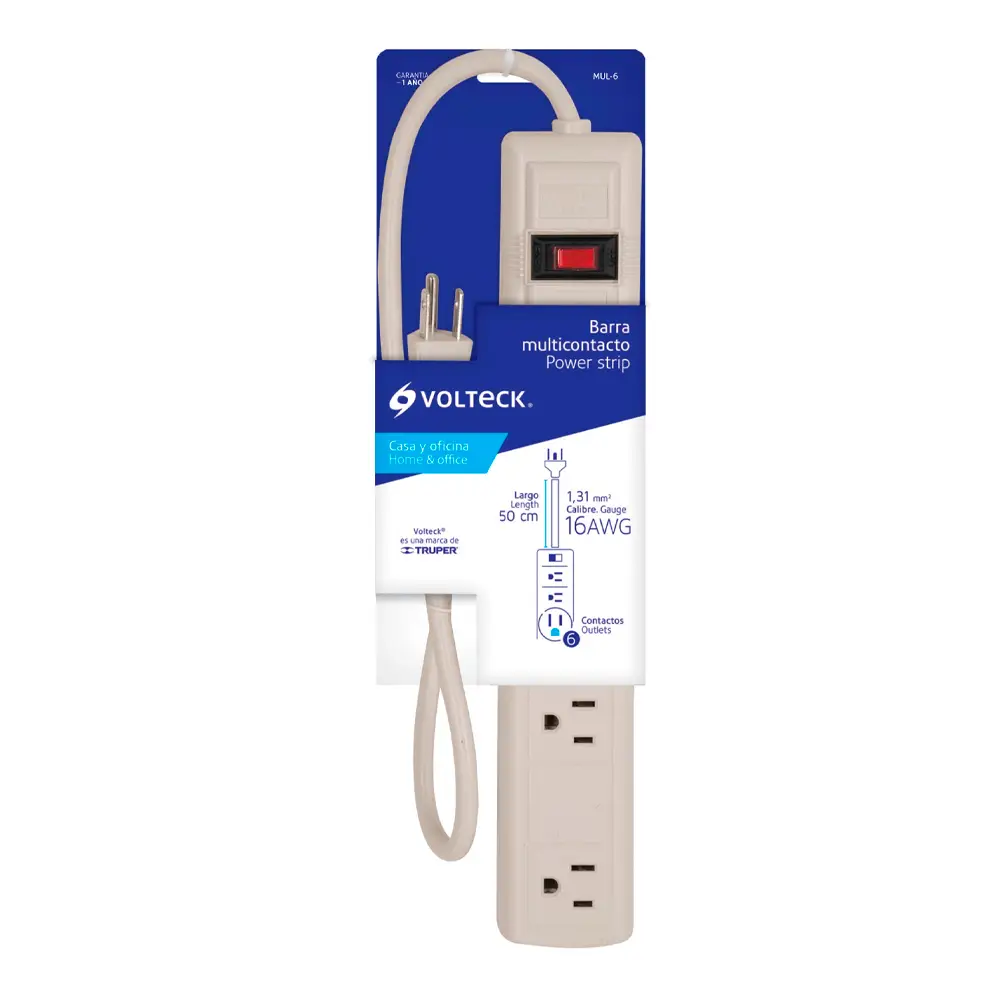 Multicontacto horizontal, barra de 6 contactos con reset, entrada amplia para eliminador, uso rudo 16AWG volteck